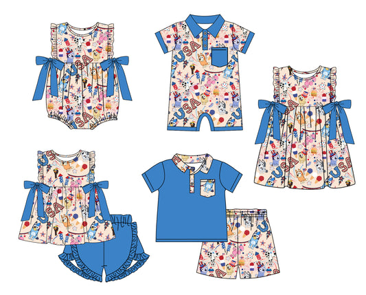 Baby Boy Girl July 4th Dogs Sibling Dress Romper Clothes Set ( Moq 5 Each style )11.23
