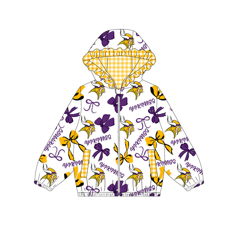 ( Moq 5 ) Baby Girls Kids Long Sleeves Purple Bows Cheer Pockets Hoodie Zipper Jacket Tops