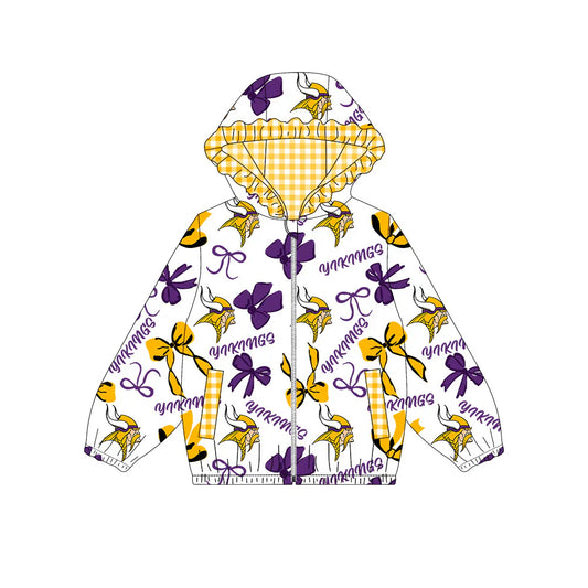 ( Moq 5 ) Baby Girls Kids Long Sleeves Purple Bows Cheer Pockets Hoodie Zipper Jacket Tops