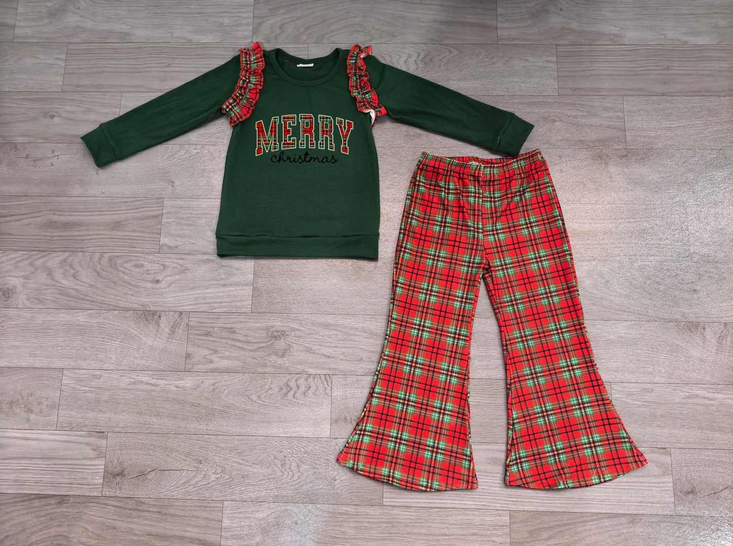 ( No moq ) Preorder Baby Girls Kids Embroidery Merry Christmas Green Tops Plaid Pants Set Clothes