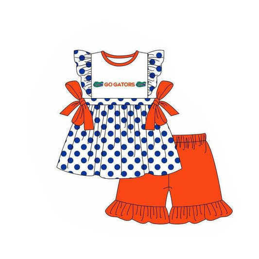 Baby Girl Short Sleeves Team Bows Dots Tunic Ruffle Short Clothes Set ( Moq 5 )