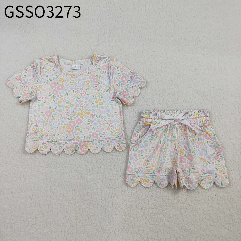 Baby Girls Kids Short Sleeves Floral Shirt Scallop Shorts Summer Set RTS