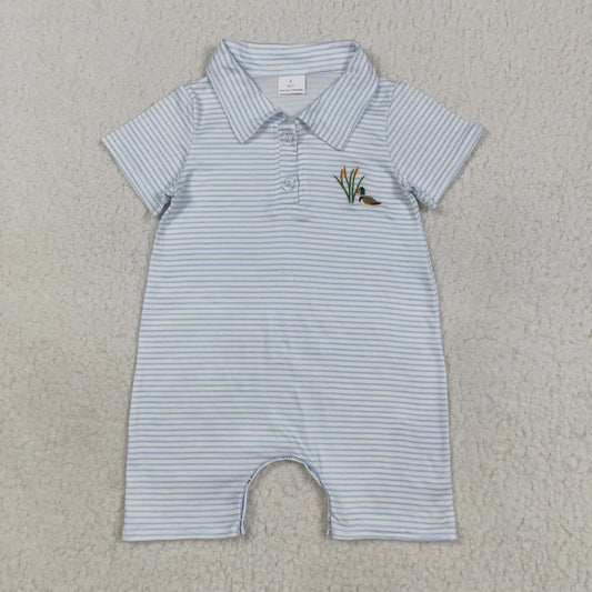 Baby Boy Toddler Short Sleeves Embroidery Duck Stripes Buttons Romper RTS