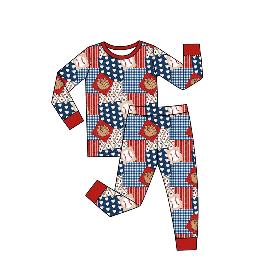 ( Moq 5 ) Preorder Baby Boys Kids Long Sleeves Baseball Shirt Plaid Pants Set Pajamas Clothes