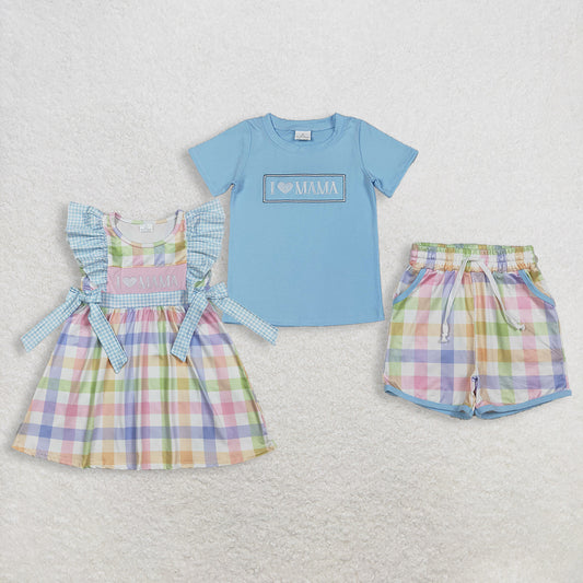 Sibling Baby Boys Girls Kids Short Sleeves Embroidery I Love Mama Plaid Dress Set RTS