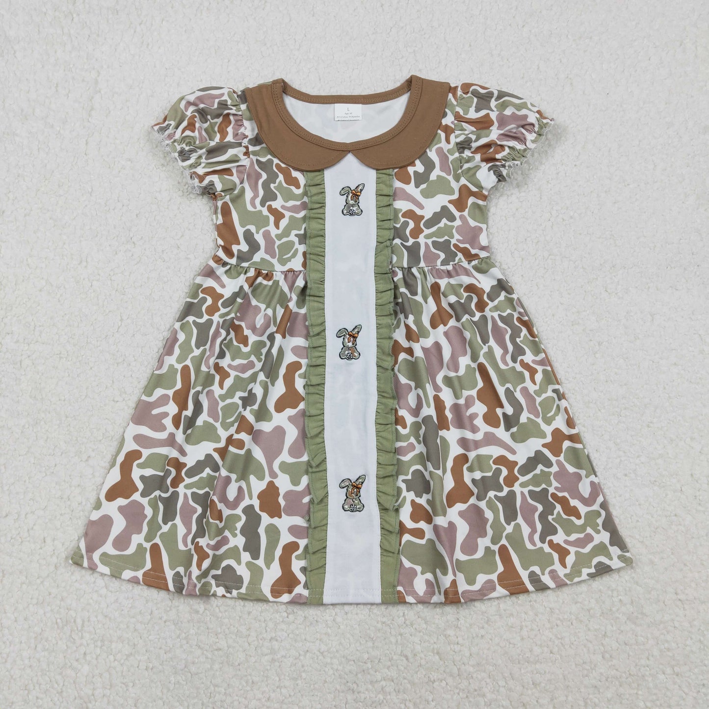 Baby Girls Kids Short Sleeves Embroidery Rabbits Bows Camo Easter Knee Length Dress RTS