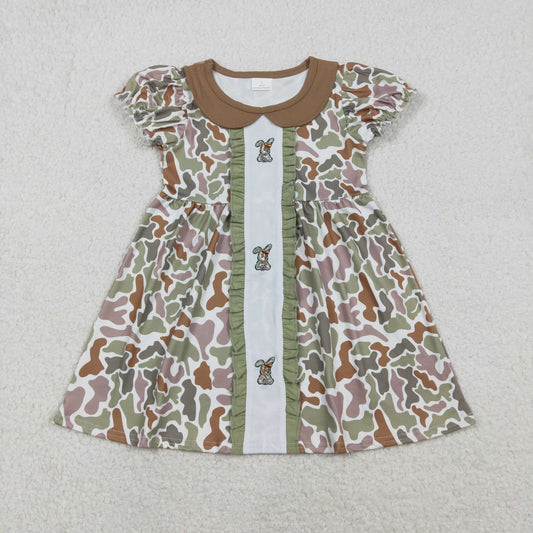 Baby Girls Kids Short Sleeves Embroidery Rabbits Bows Camo Easter Knee Length Dress RTS