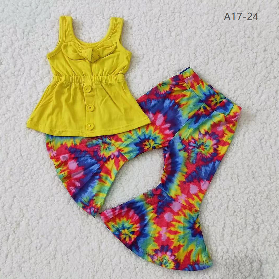 Promotion Baby Girls Kids Sleeveless Yellow Bows Tunic Bell Pants Set RTS