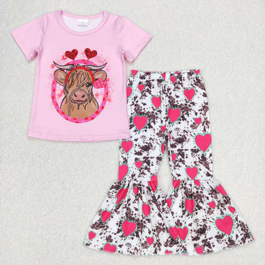 GSPO0416 Valentine's Day Baby Girl Short Sleeves Cow Shirt Dogs Hearts Bell Pants Set