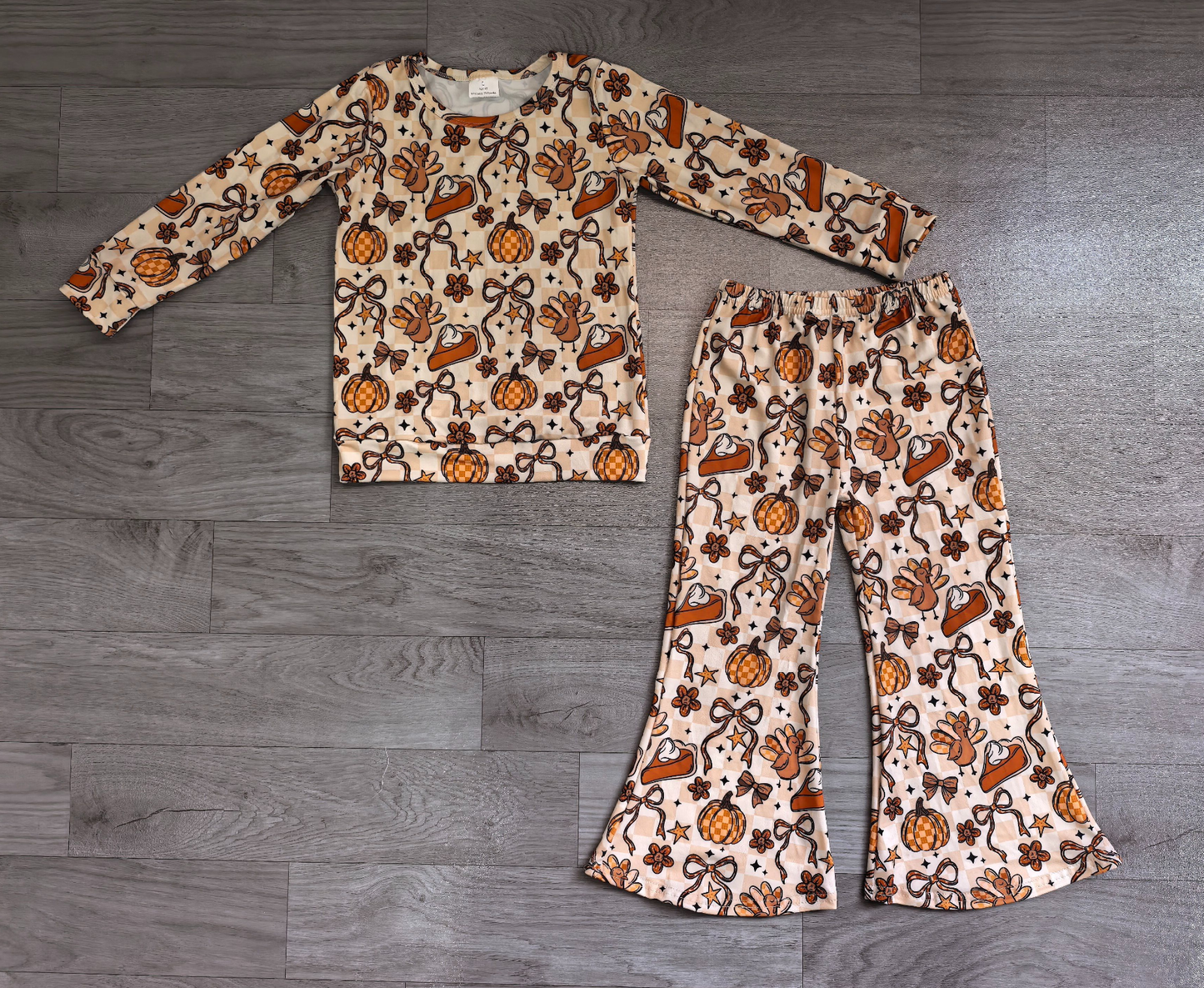 ( No moq ) Preorder Baby Girl Kids Long Sleeves Pumpkins turkey Bows Shirt Bell Pants Fall Set Clothes