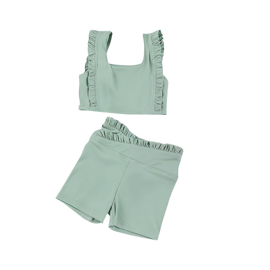 ( Moq 5 ) Preorder Baby Girls Kids Sleeveless Green Tops Ruffle Shorts Set Yoga Active Clothes