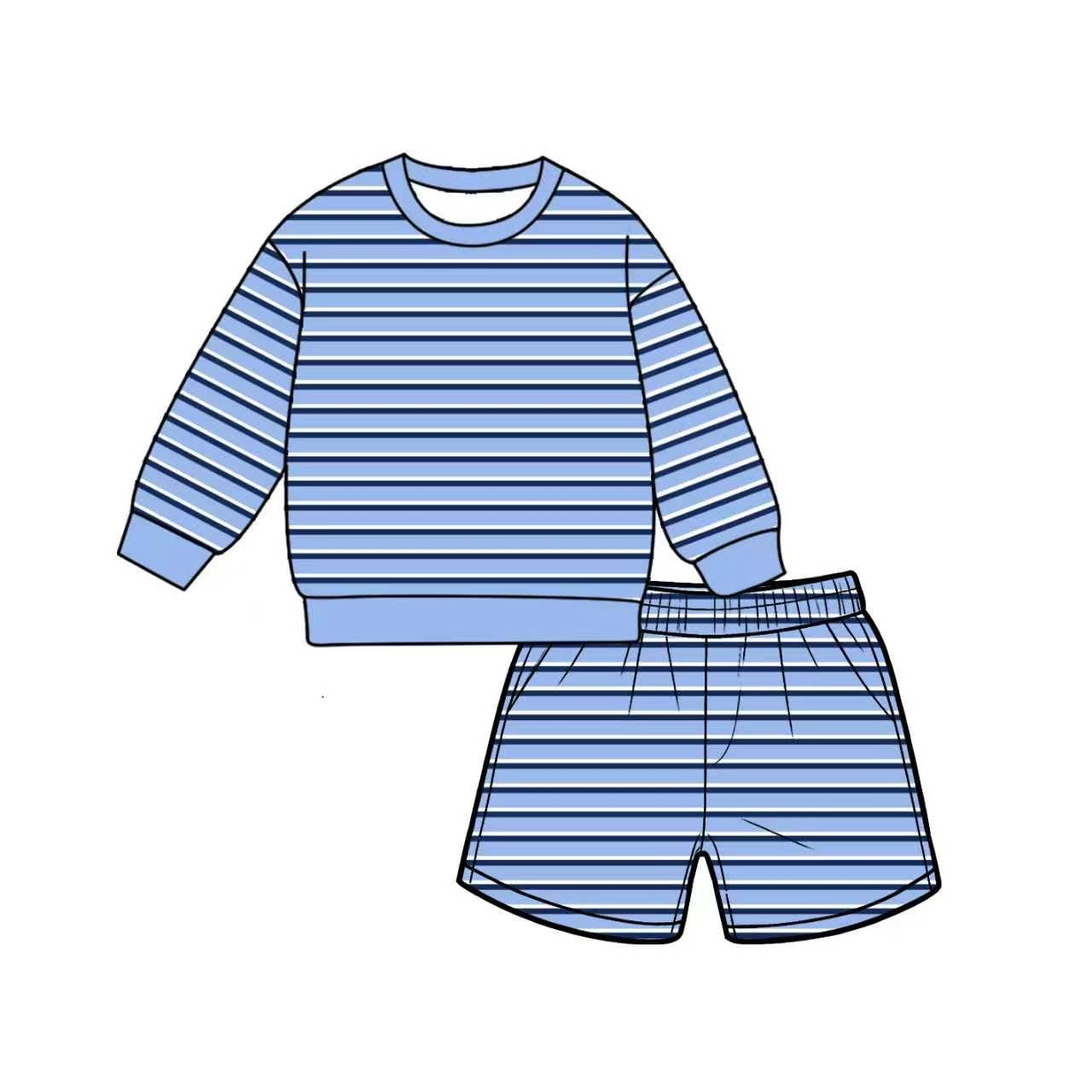 ( Moq 5 ) Preorder Adult Women Long Sleeves Blue Stripes Shirt Pockets Shorts Yoga Active Set