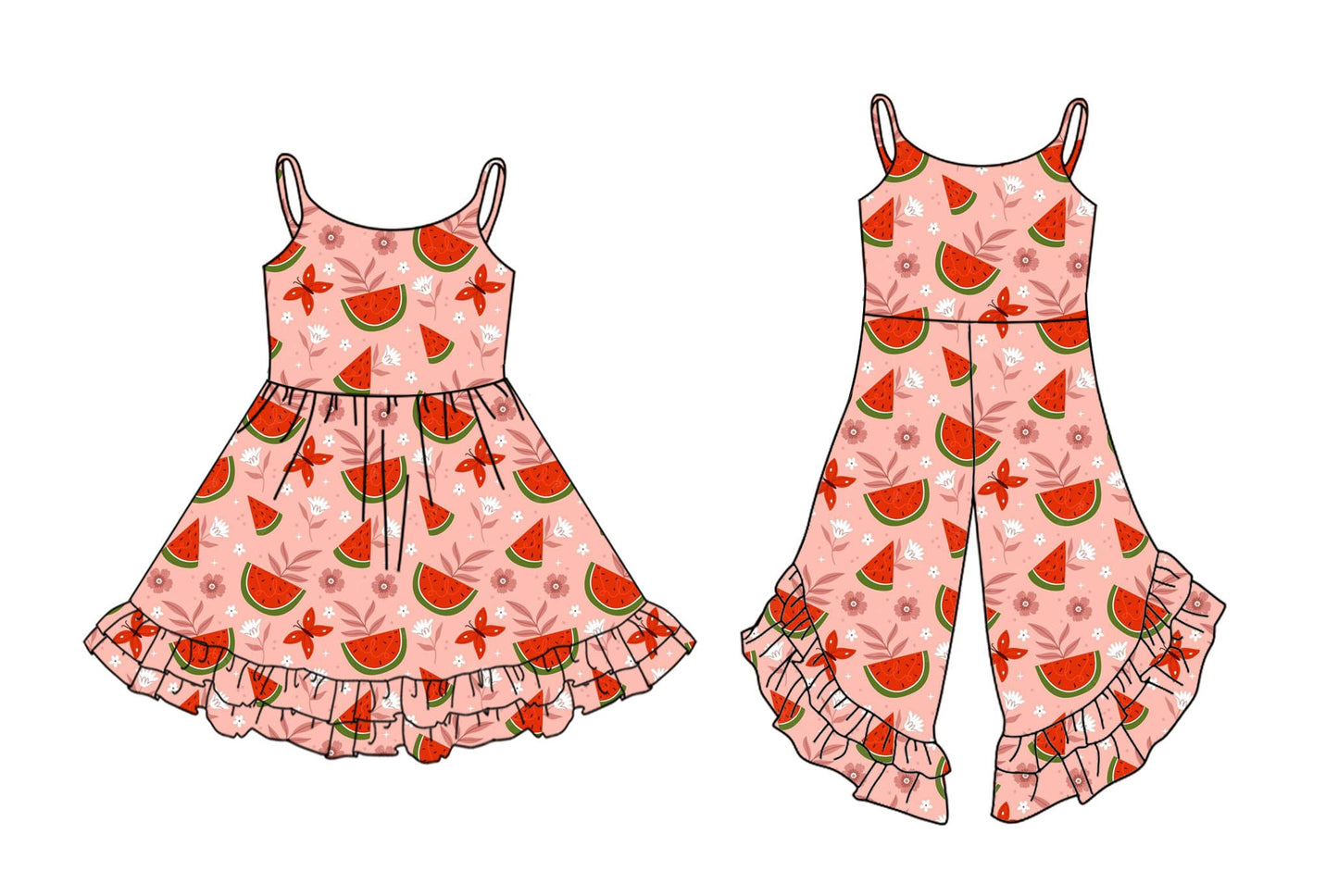 ( Moq 5 Each Style ) Baby Girl Straps Watermelon Flower Sibling Summer Dress Jumpsuit 4.21
