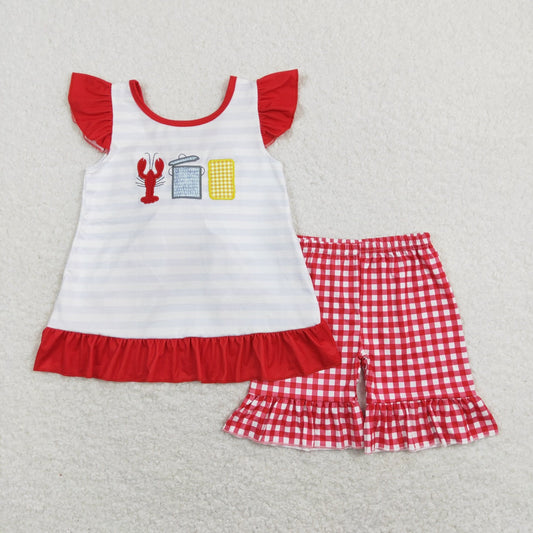 GSSO0455 Baby Girl Embroidery Crawfish Stripes Shirt Plaid Shorts Set