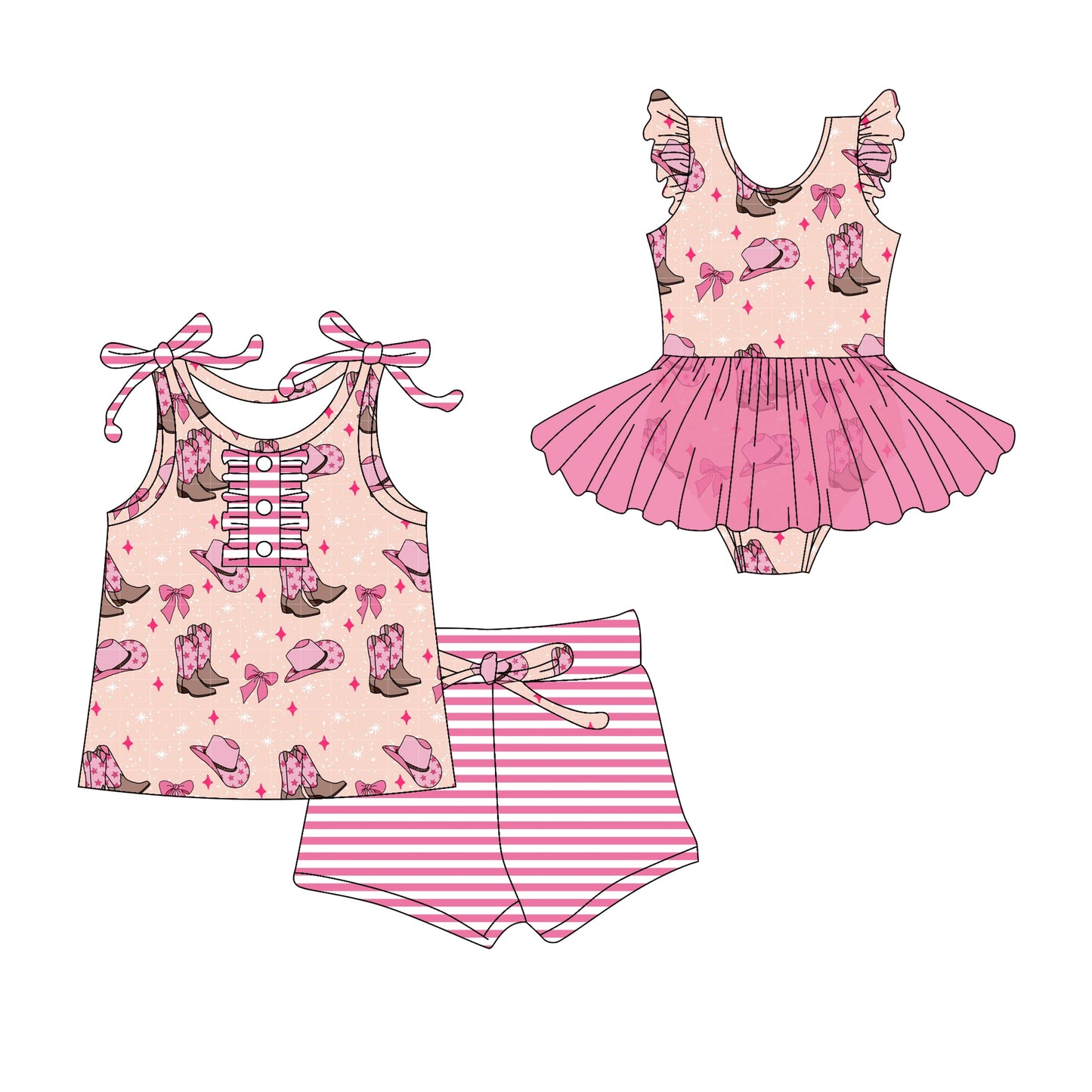 Baby Girl Western Bows Boots Hats Sibling Romper Set ( Moq 5 Each Style ) 3.1