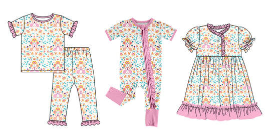 Baby Girl Short Sleeves Easter Rabbits Floral Sibling Romper Set ( Moq 5 Each Design ) 12.14