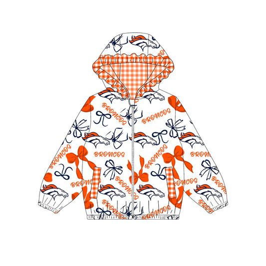 ( Moq 5 ) Baby Girls Kids Long Sleeves Orange Bows Cheer Pockets Hoodie Zipper Jacket Tops
