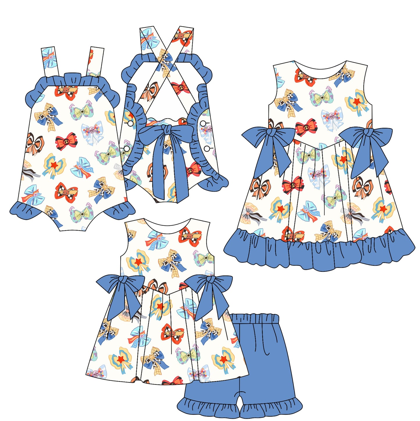 Baby Girl Straps Cartoon Bows Sibling Romper Dress Set ( Moq 5 Each Style ) 2.17
