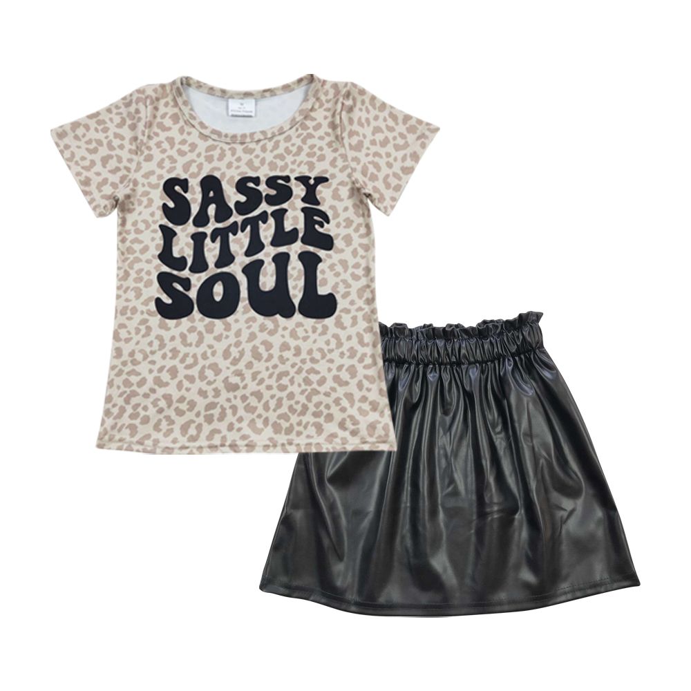 Baby Girl Short Sleeves Sassy Leopard Shirt Black Pleather Skirt Summer Outfit