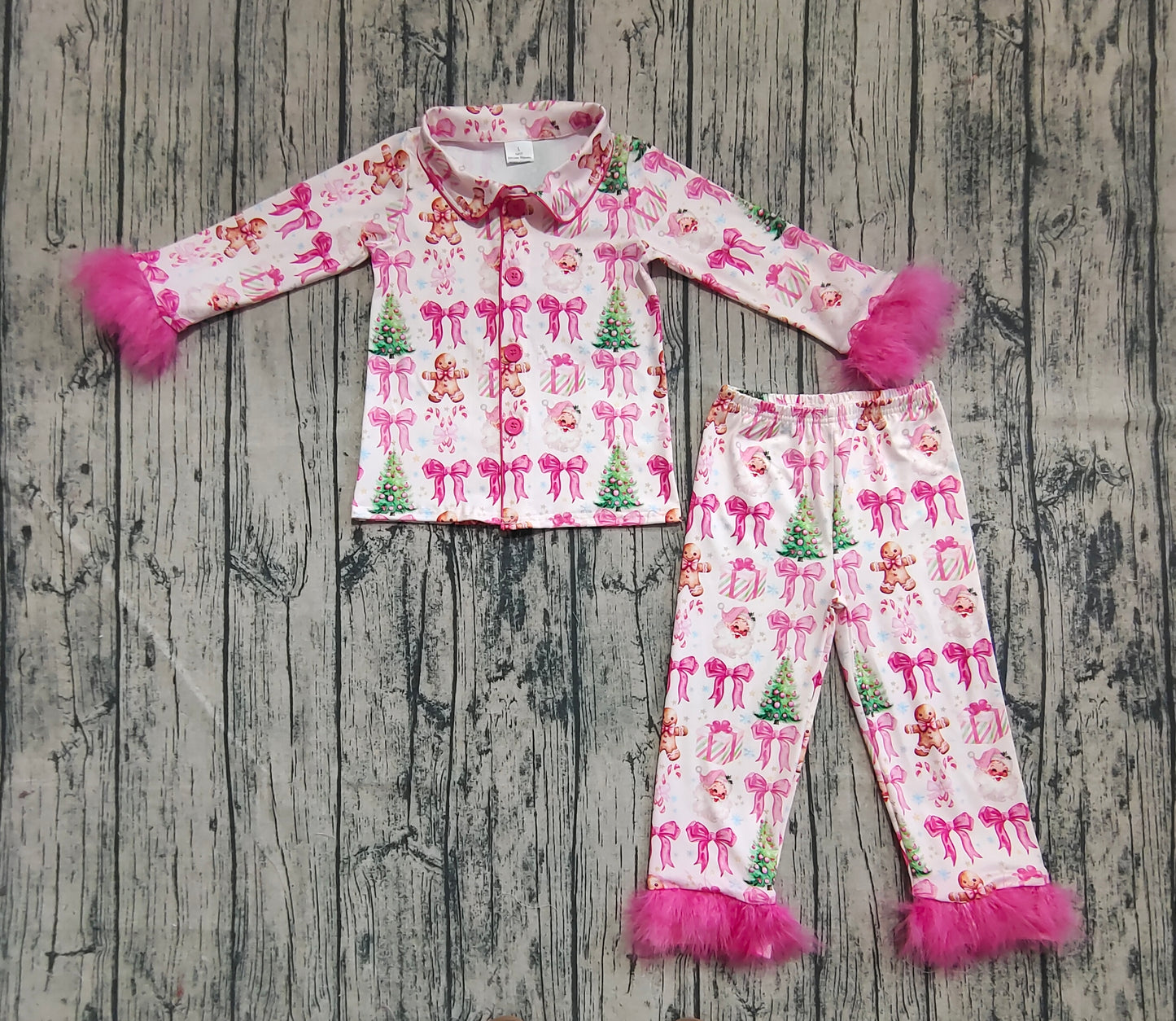 Baby Girl Pink Fur Long Sleeves Bows Gingerbread Trees Shirt Pants Pajamas Christmas Set RTS