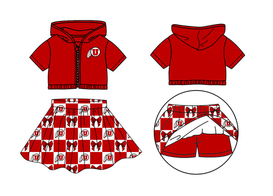 ( Moq 5 Each Style ) Baby Girls Kids Short Sleeves Hoodie Zipper Tops U Bows Plaid Shorts Skirt Team Set