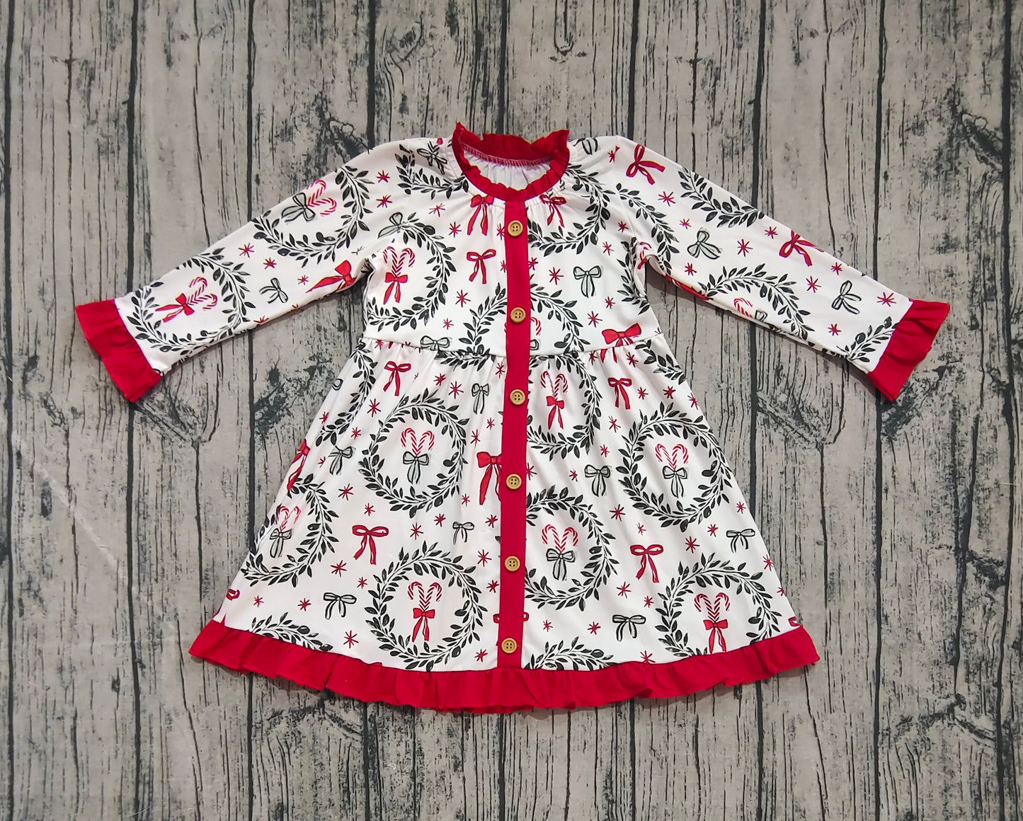 Baby Girl Long Sleeves Bows Buttons Christmas Knee Length Dress RTS