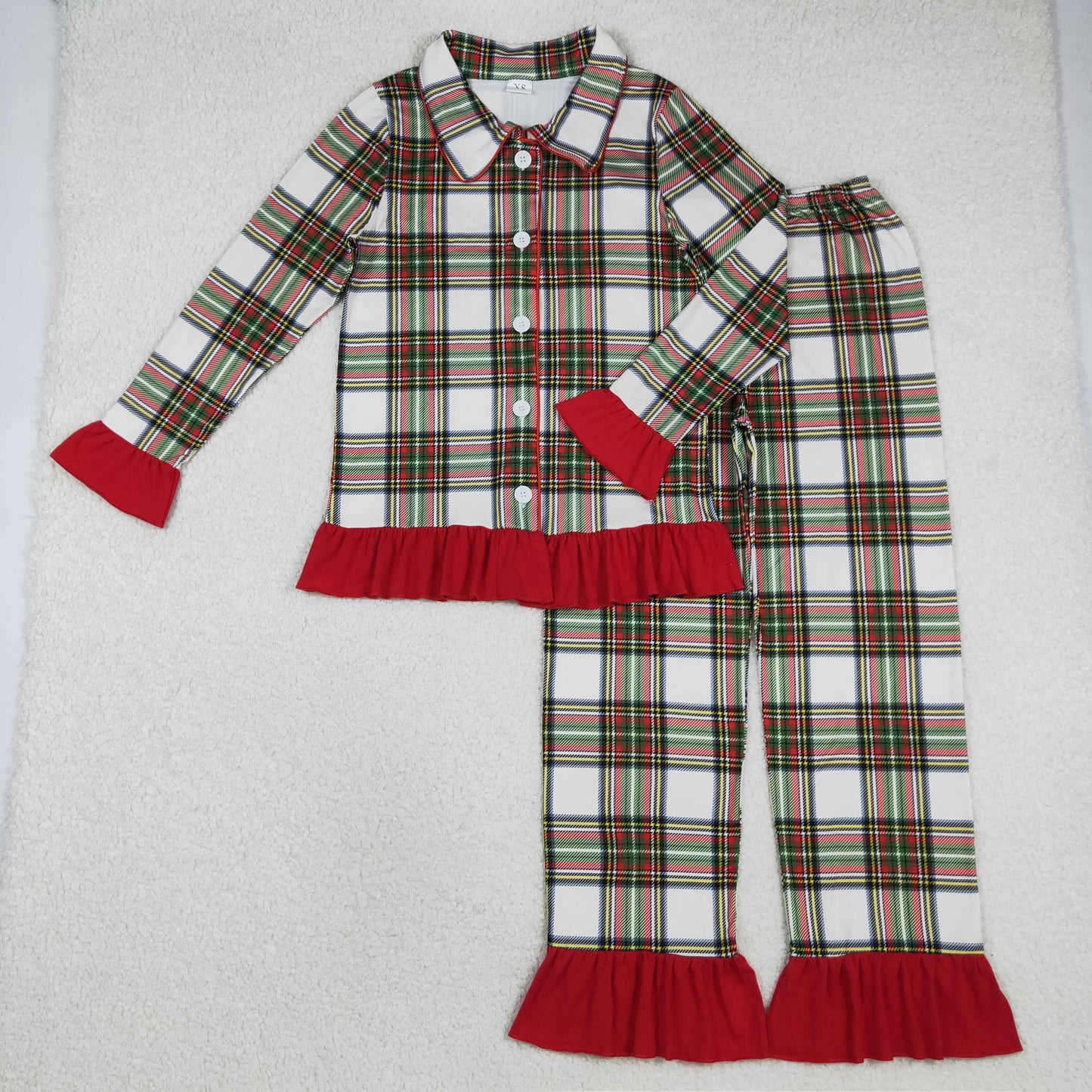 Adult Woman Long Sleeves Christmas Plaid Buttons Shirt Pants Pajamas Clothes Set RTS