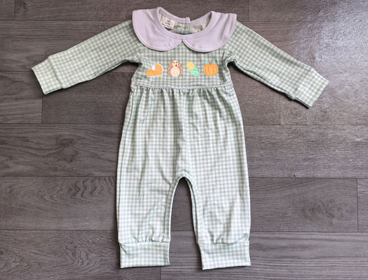 ( No moq ) Preorder Baby Boy Infant Embroidery turkey Pumpkin Plaid Romper Fall Clothes