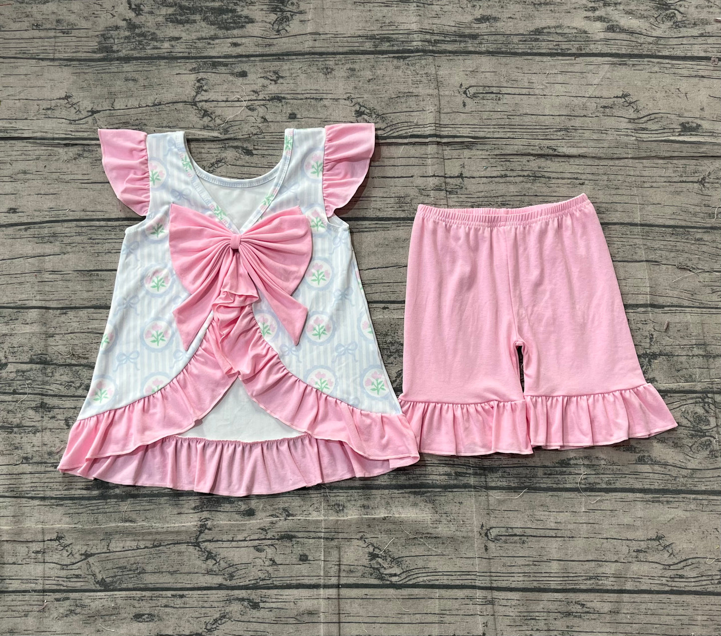 Baby Girls Kids Short Sleeves Flower Bows Stripes Ruffle Tops Shorts Clothes Set RTS