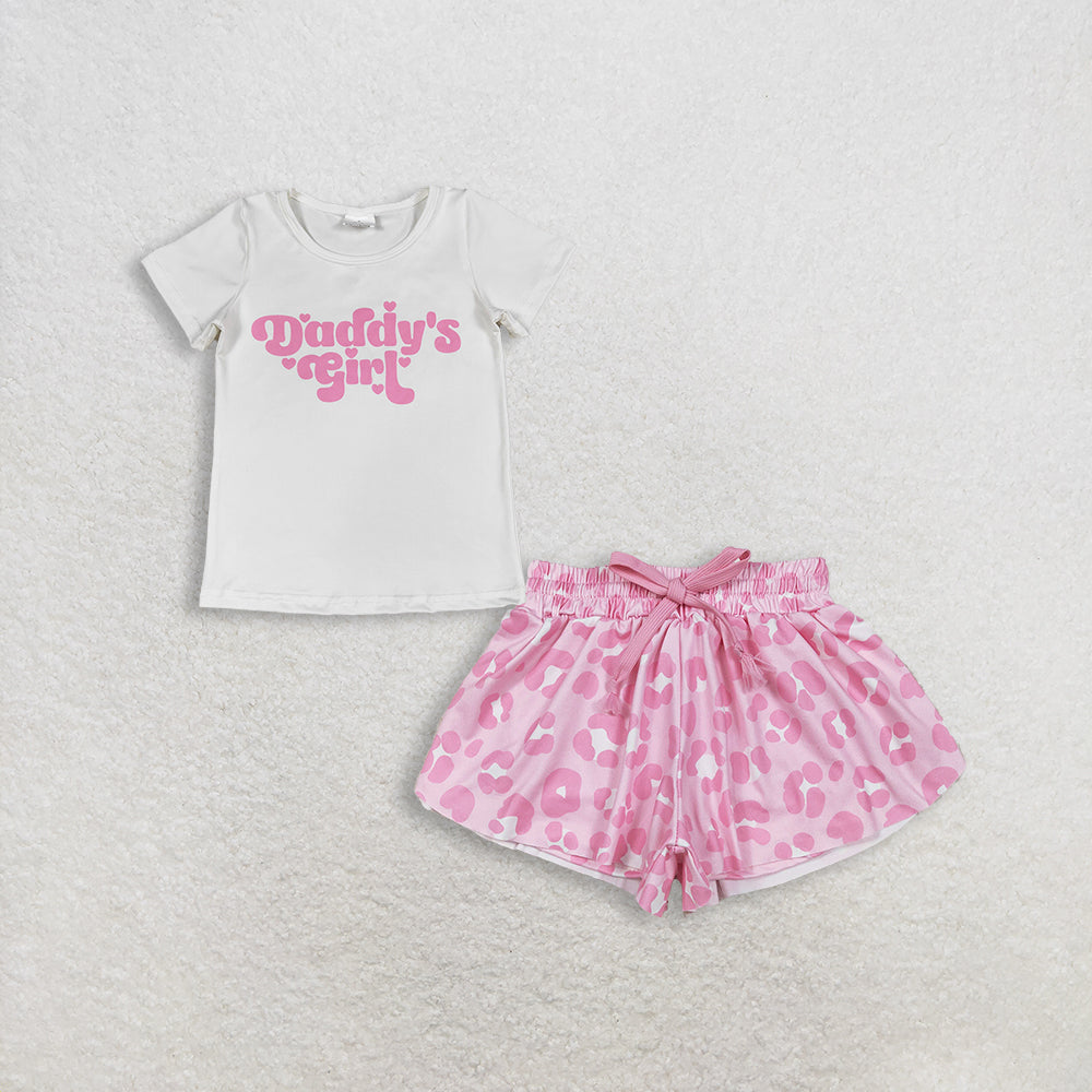 Baby Girls Kids Short Sleeves Daddy's Shirt Pink Leopard Ruffle Shorts Set Clothes RTS