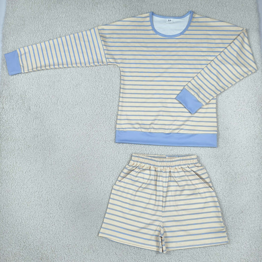 Adult Women Long Sleeves Yellow Blue Stripes Shirt Pockets Shorts Yoga Active Set RTS
