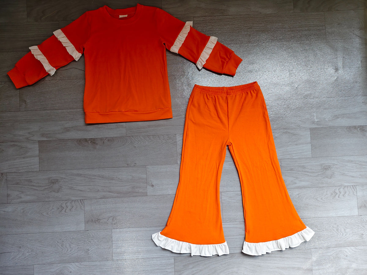 ( No moq ) Preorder Baby Girls Kids White Ruffle Long Sleeves Shirt Pockets Pants Cotton Set Orange Clothes