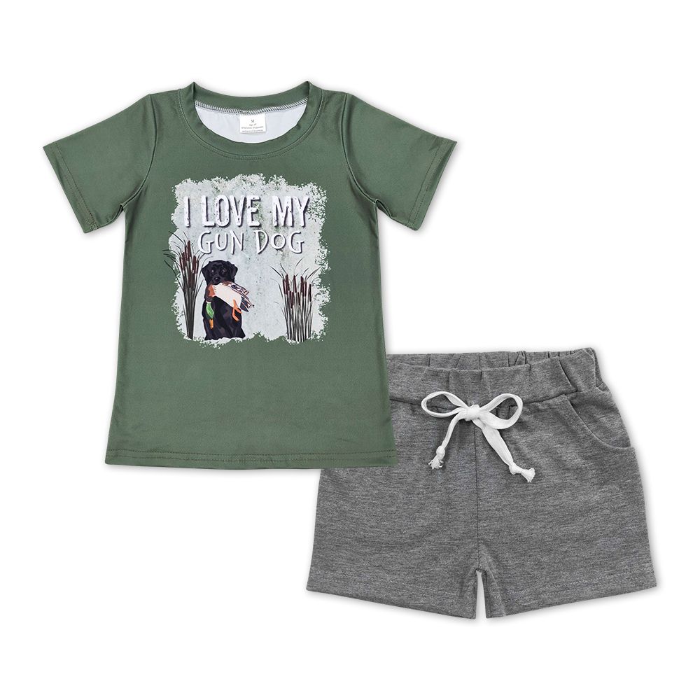 BSSO0448 Baby Boy Short Sleeves Dog Duck Shirt Cotton Pocket Shorts Hunting Set
