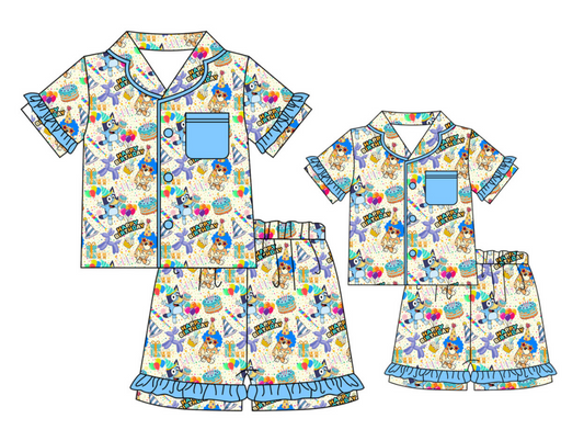 Baby Girl Toddler Adult Women Short Sleeves Birthday Dogs Shorts Sibling Family Shorts Pajamas Set ( Moq 5 Each Style )11.26