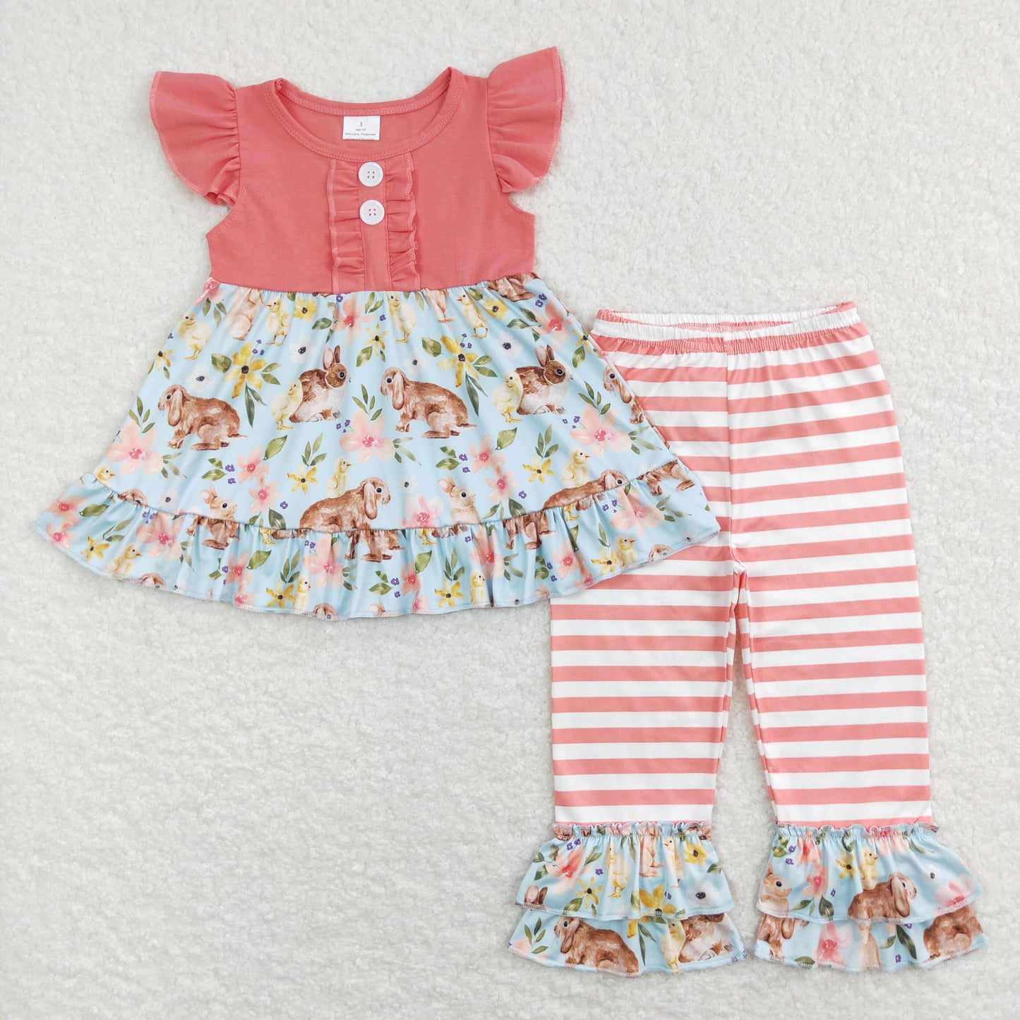GSPO1132 Baby Girl Easter Rabbit Floral Tunic Stripes Pants Set