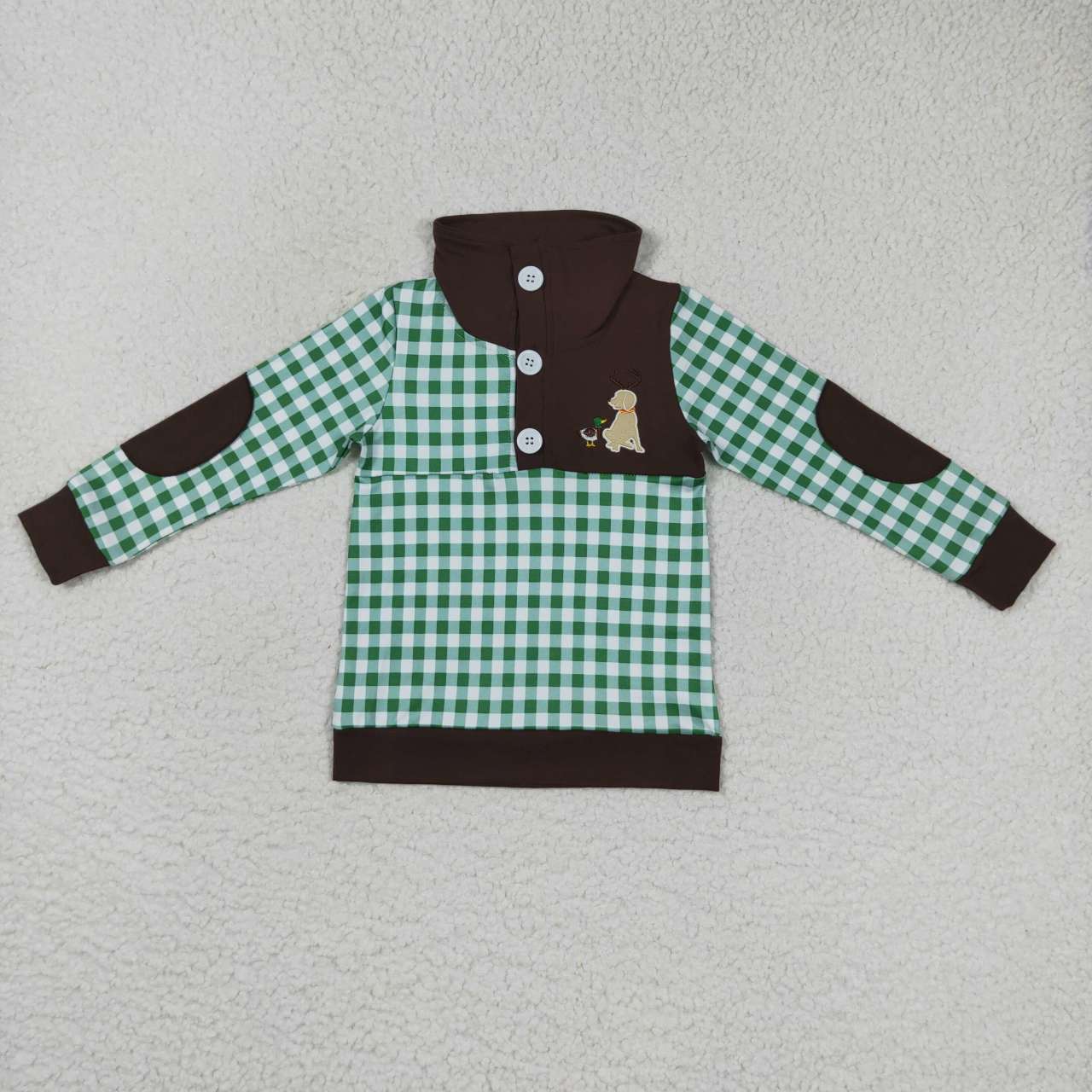 GT0284 Baby Girl Long Sleeves Embroidery Duck Dog Hunting Checkered Shirt