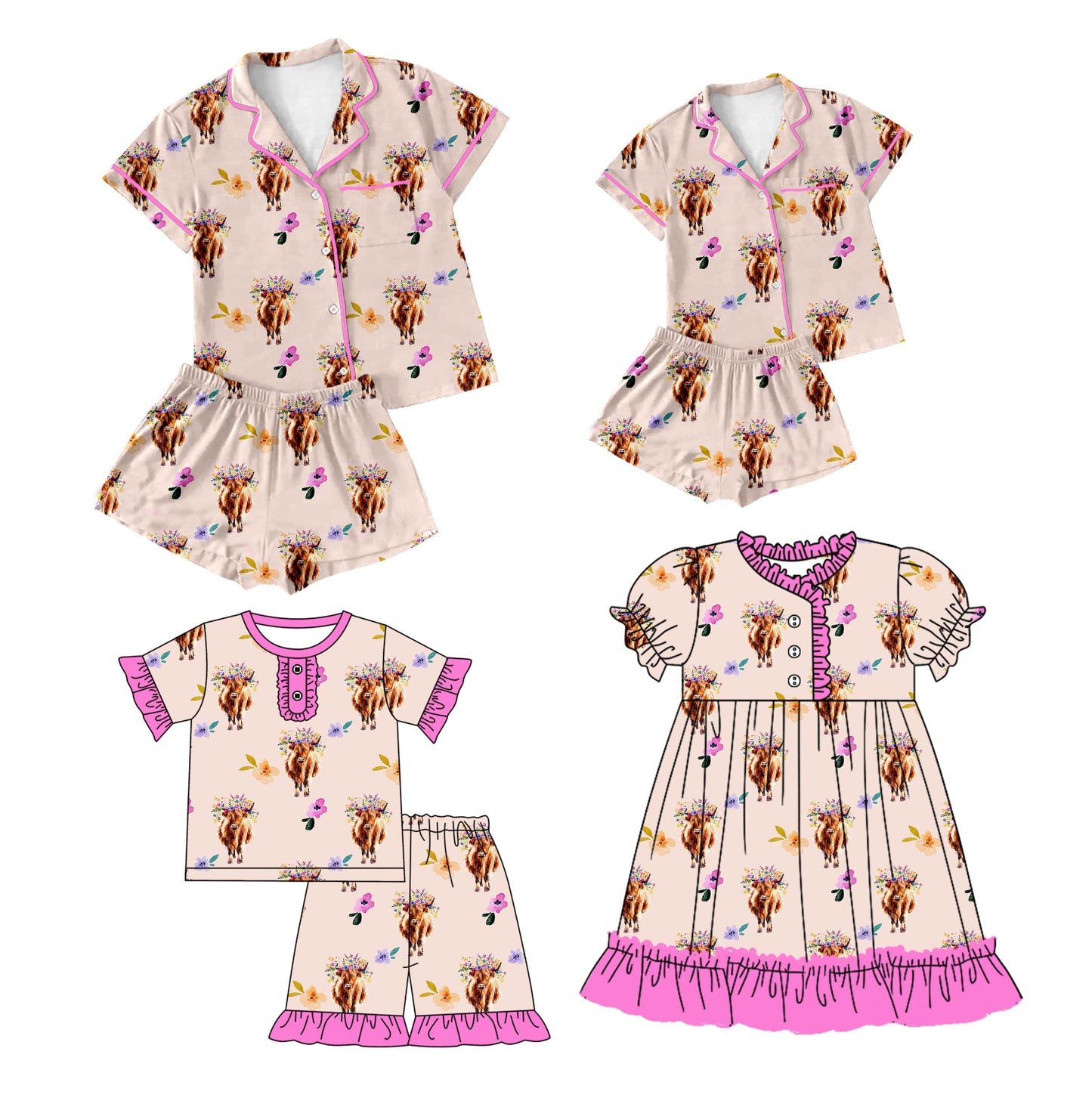 Baby Girl Adult Women Short Sleeves Cow Flower Sibling Dress Set ( Moq 5 Each Design ) 12.16
