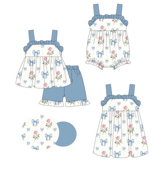 Baby Girl Straps Blue Bows Flower Sibling Romper Dress Set ( Moq 5 Each Style ) 1.23