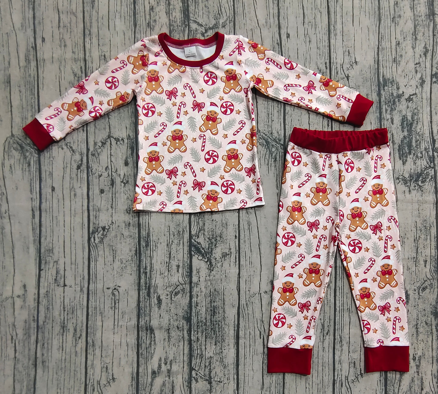 Baby Boy Long Sleeves Christmas Gingerbread Candy Cane Shirt Pants Pajamas Set RTS