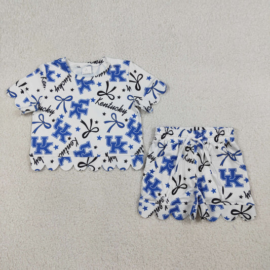 Baby Girls Kids Short Sleeves UK Bows Team Shirt Scallop Shorts Summer Set RTS