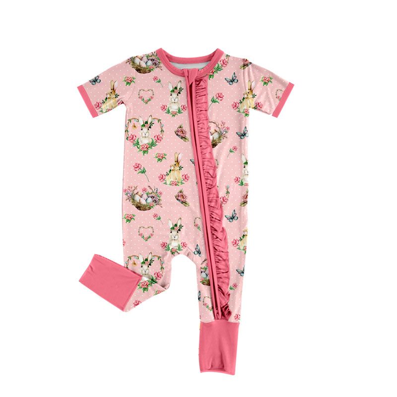 (Moq 5 ) Preorder Baby Girls Kids Rabbits Eggs Flower Zipper Footie Romper Easter Clothes