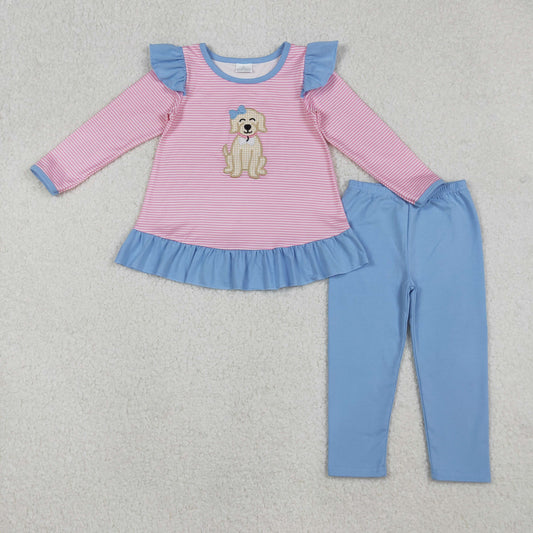 Baby Girl Long Sleeves Embroidery Dog Stripes Ruffle Tops Pants Set RTS