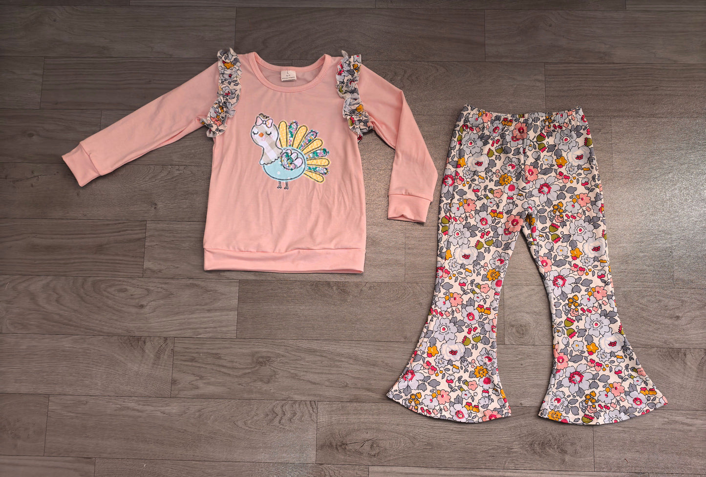 ( No moq ) Preorder Baby Girls Kids Embroidery turkey Thanksgiving Tops Flower Pants Set Clothes
