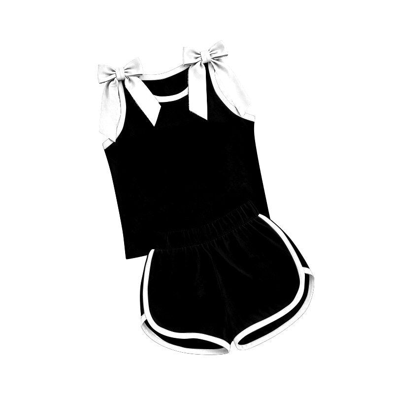( Moq 5 ) Preorder Baby Girls Kids White Bows Shirt Shorts Black Set Summer Clothes