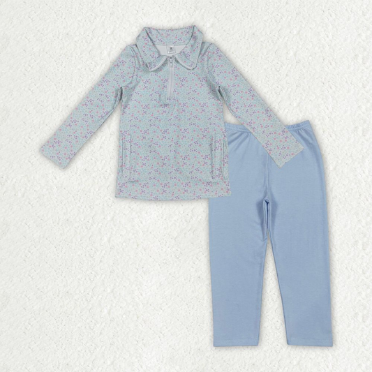 Baby Girls Long Sleeves Floral Zipper Pocket Yoga Tops Blue Cotton Pants Clothes Set RTS