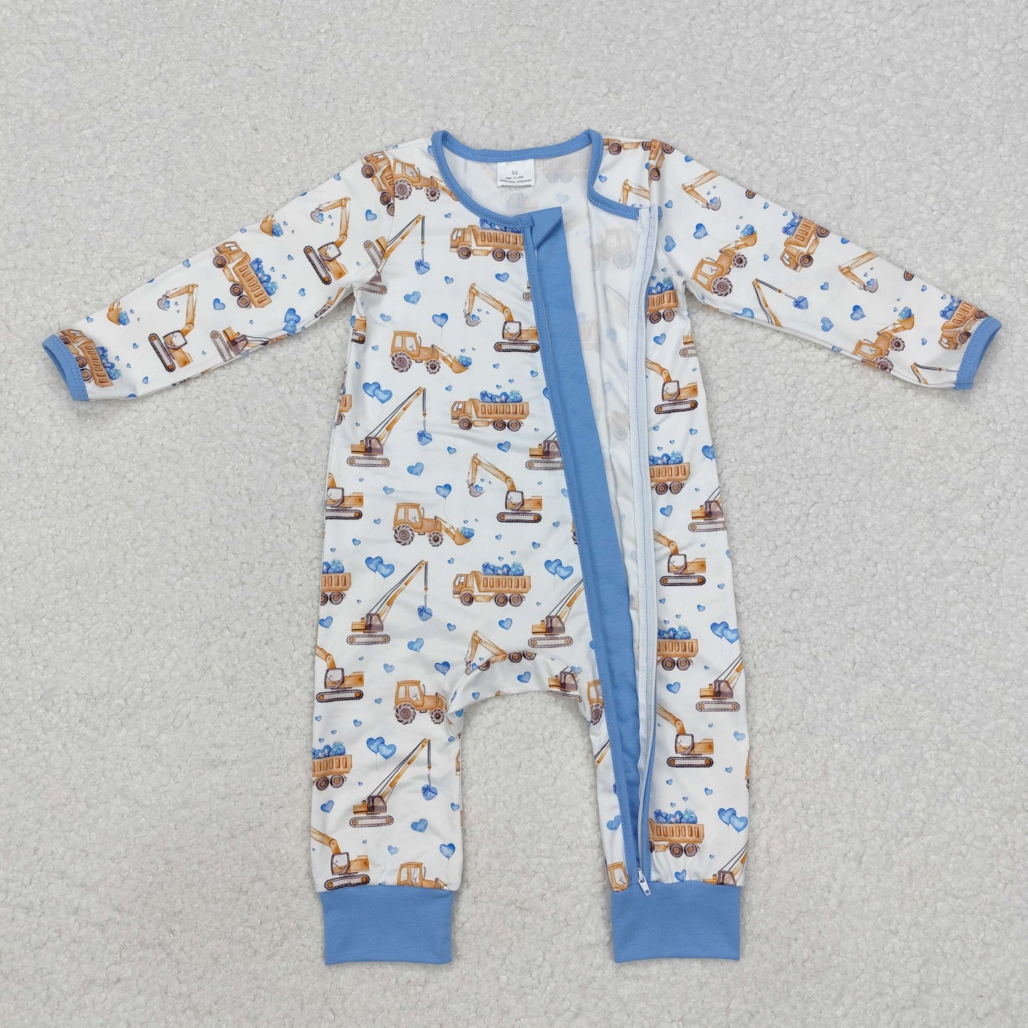 Baby Boy Infant Long Sleeves Valentine Tractors Hearts Zipper Romper