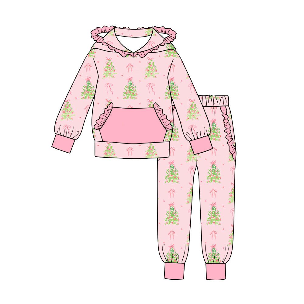 ( Moq 5 ) Preorder Baby Girls Kids Christmas Tree Bows Hoodie Pullover Ruffle Pockets Pants Set Pink Clothes