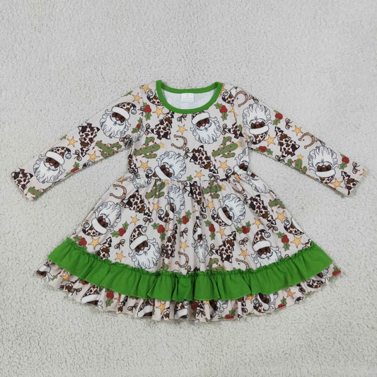 Baby Girl Long Sleeves Santa Cactus Christmas Green Ruffle Dress RTS