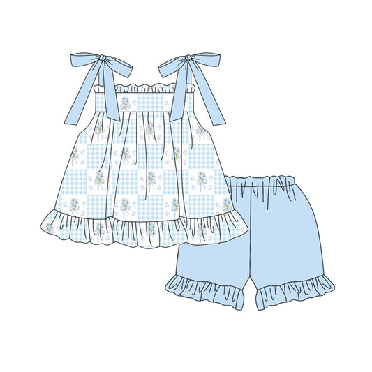 ( Moq 5 ) Preorder Baby Girl Flower Bows Tunic Blue Plaid Shorts Set Summer Clothes