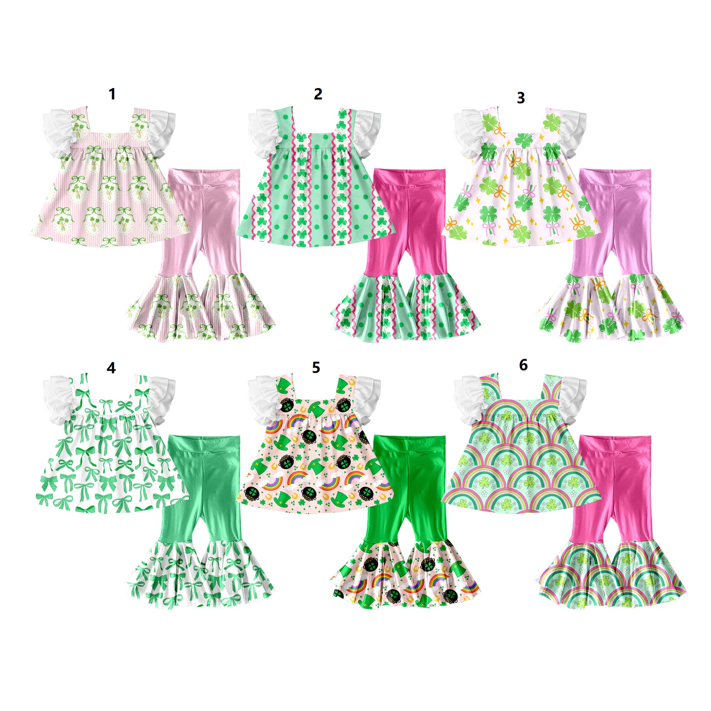 ( Moq 5 Each Style ) Sibling Baby Girls Short Sleeves Clovers St. Patrick's Day Tops Bell Pants Sets